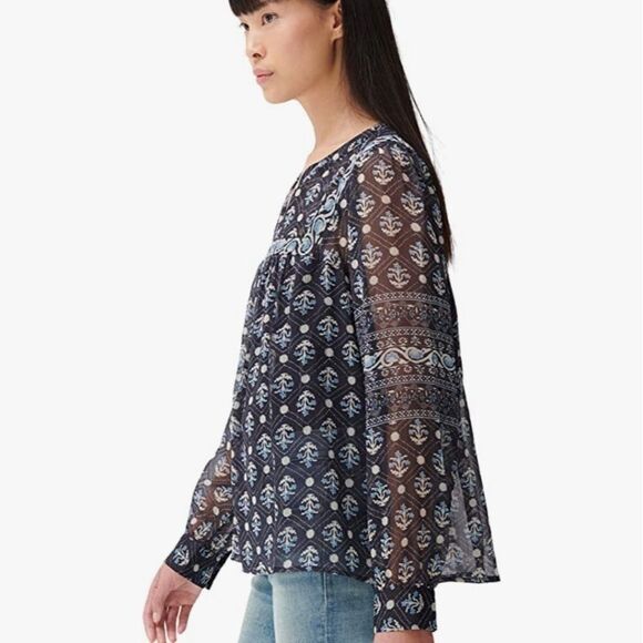 Lucky Brand Blue Long Sleeves Notch Neck Border Print Blouse - Picture 3 of 15